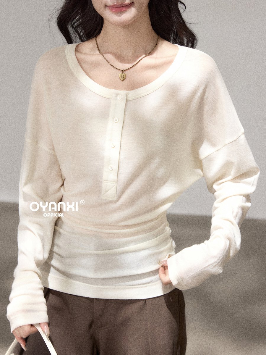 OYANXI Uネック ドルマン シアー 長袖Tシャツ