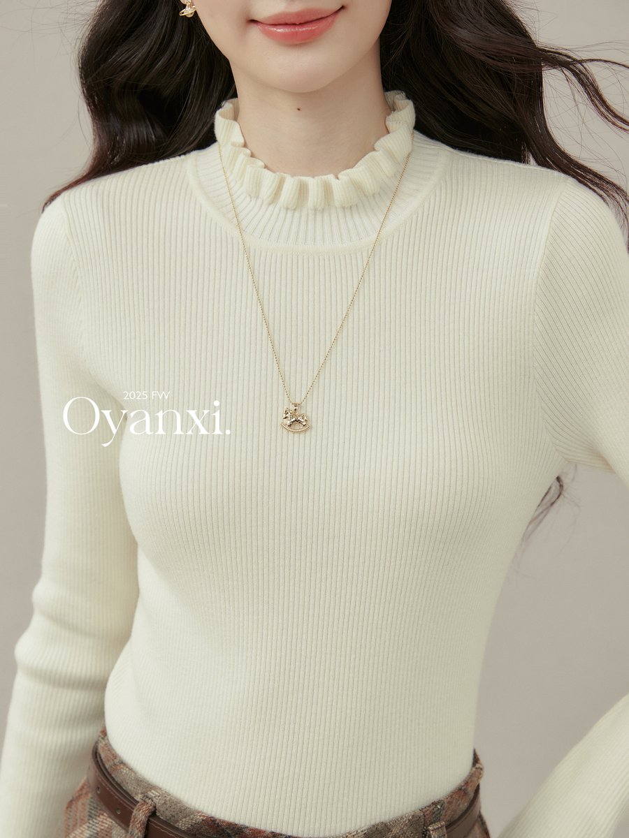 OYANXI ハイネック スリム 長袖ニットトップス