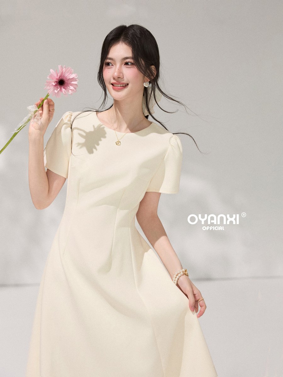 OYANXI クルーネック ウエストシェイプ 半袖ロングワンピース