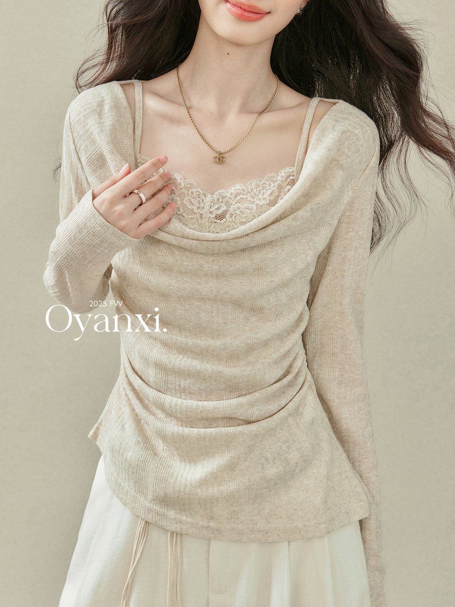 OYANXI ドレープネック レース ニット長袖Tシャツ