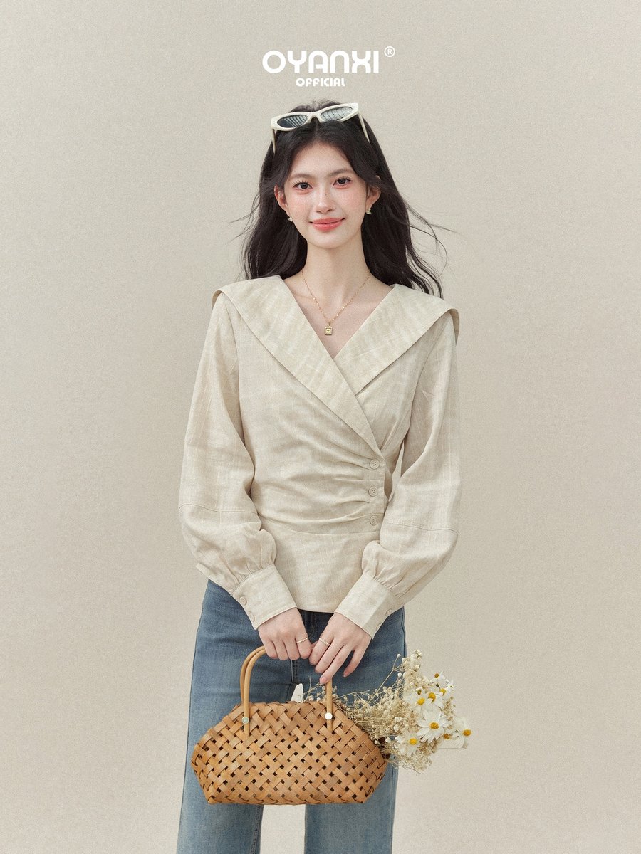 OYANXI ビッグカラー クロスVネック 長袖シャツ