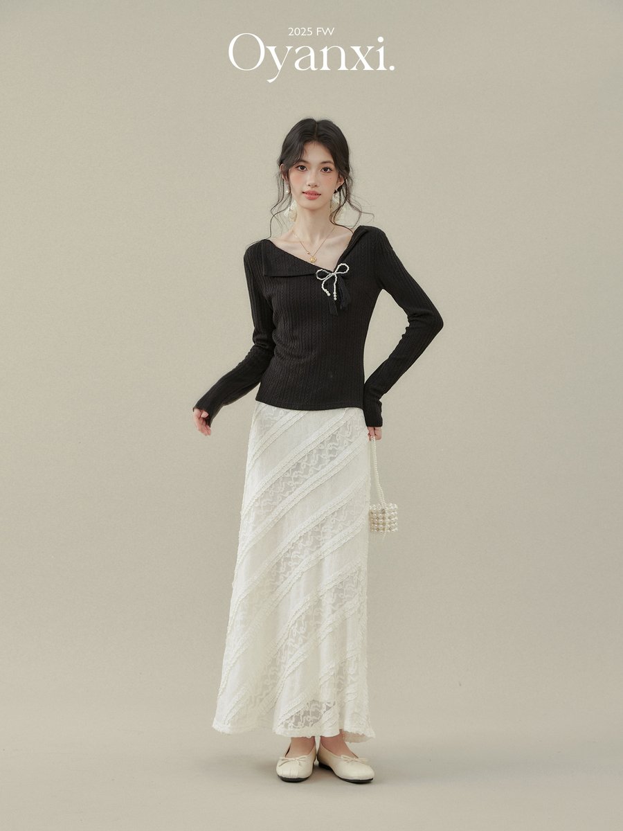 OYANXI リボン 長袖Tシャツ ブラック