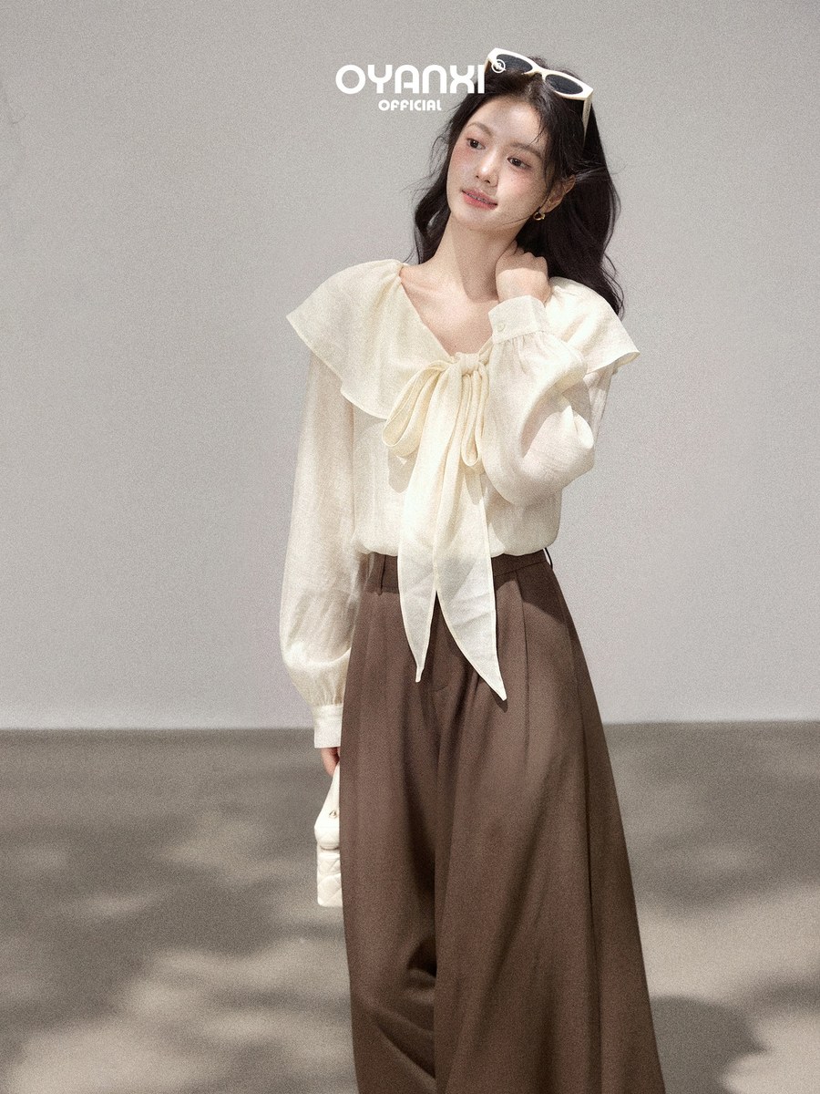 OYANXI フリルネック ランタンスリーブ ゆったり長袖ブラウス