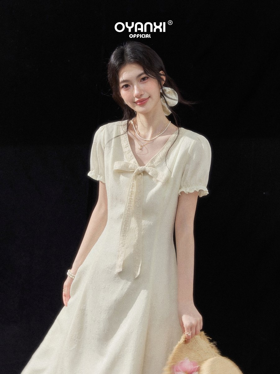OYANXI Vネック リボン ウエストシェイプ 半袖ワンピース
