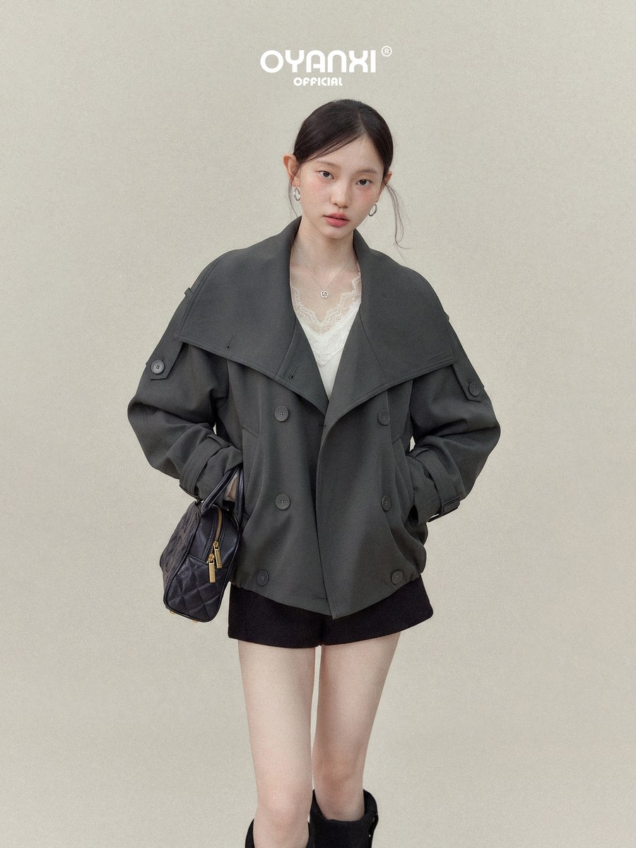 OYANXI ダブルボタン ビッグカラー ドルマンスリーブ ショートトレンチコート