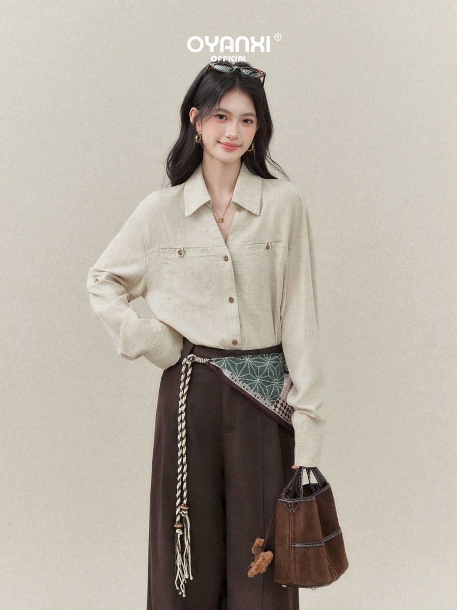 OYANXI 折り襟 Vネック 前開き 長袖シャツ