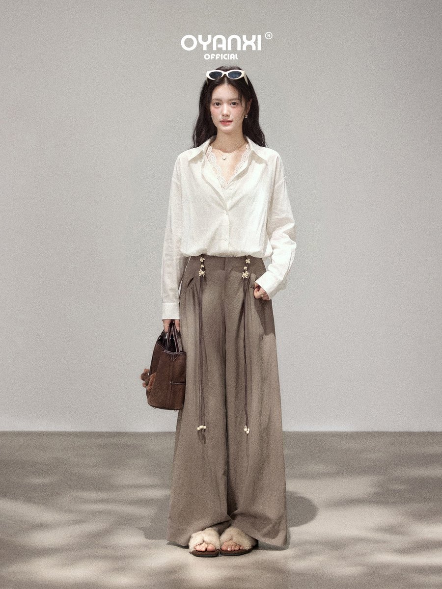 OYANXI レーストリム Vネック フェイクレイヤード 長袖シャツ