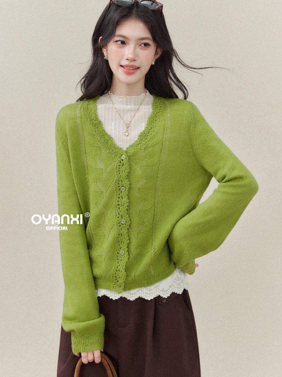 OYANXI Vネック 透かし編み柄 ゆったり 長袖ニットトップス