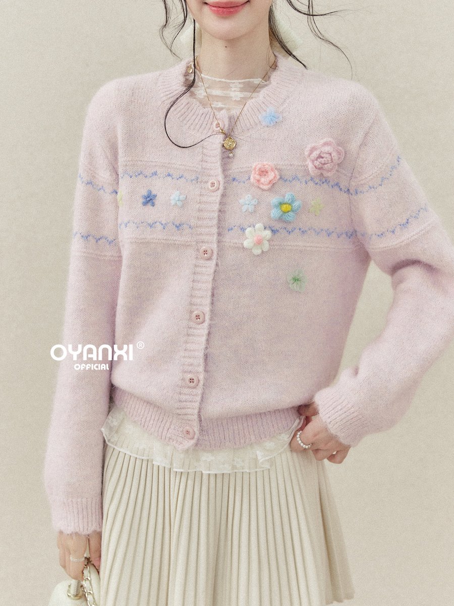 OYANXI マルチカラー 立体フラワー 長袖ニットカーディガン