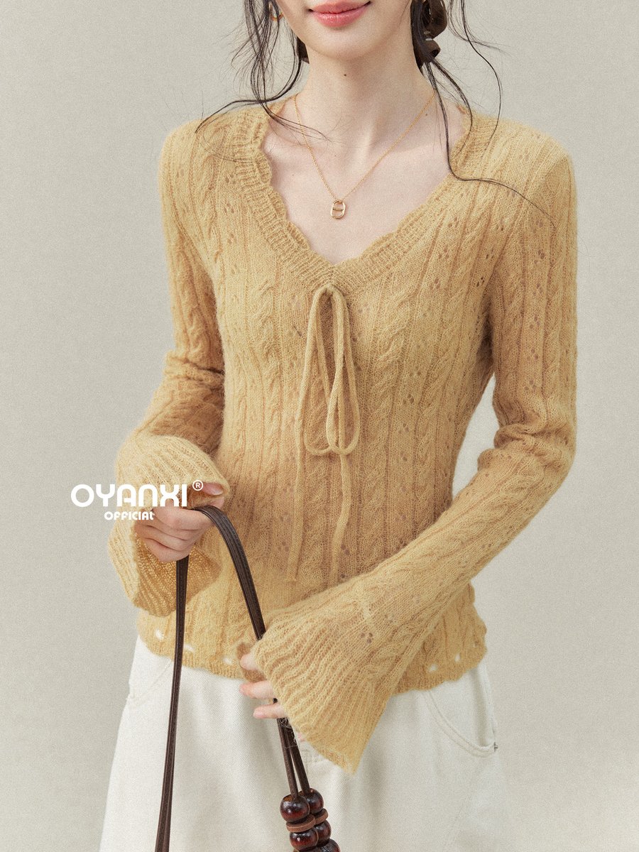 OYANXI 透かし編み Vネック フレアスリーブニット