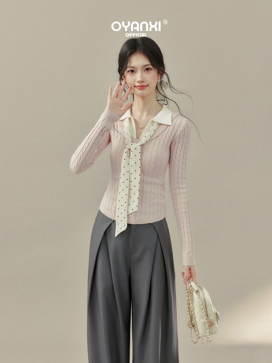 OYANXI ポロカラー フェイクレイヤード ショート丈ニット