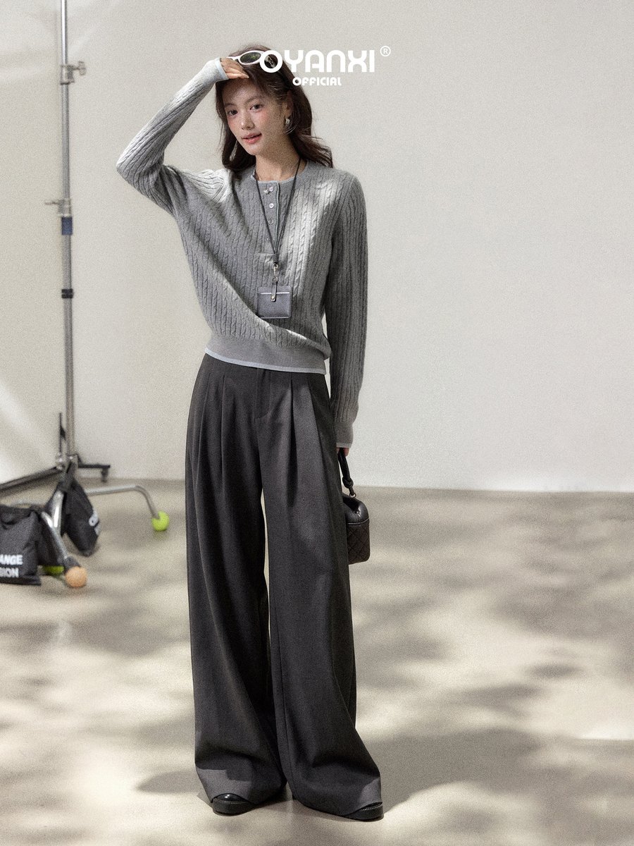 OYANXI ハイウエスト ロング丈 シンプル ワイドパンツ