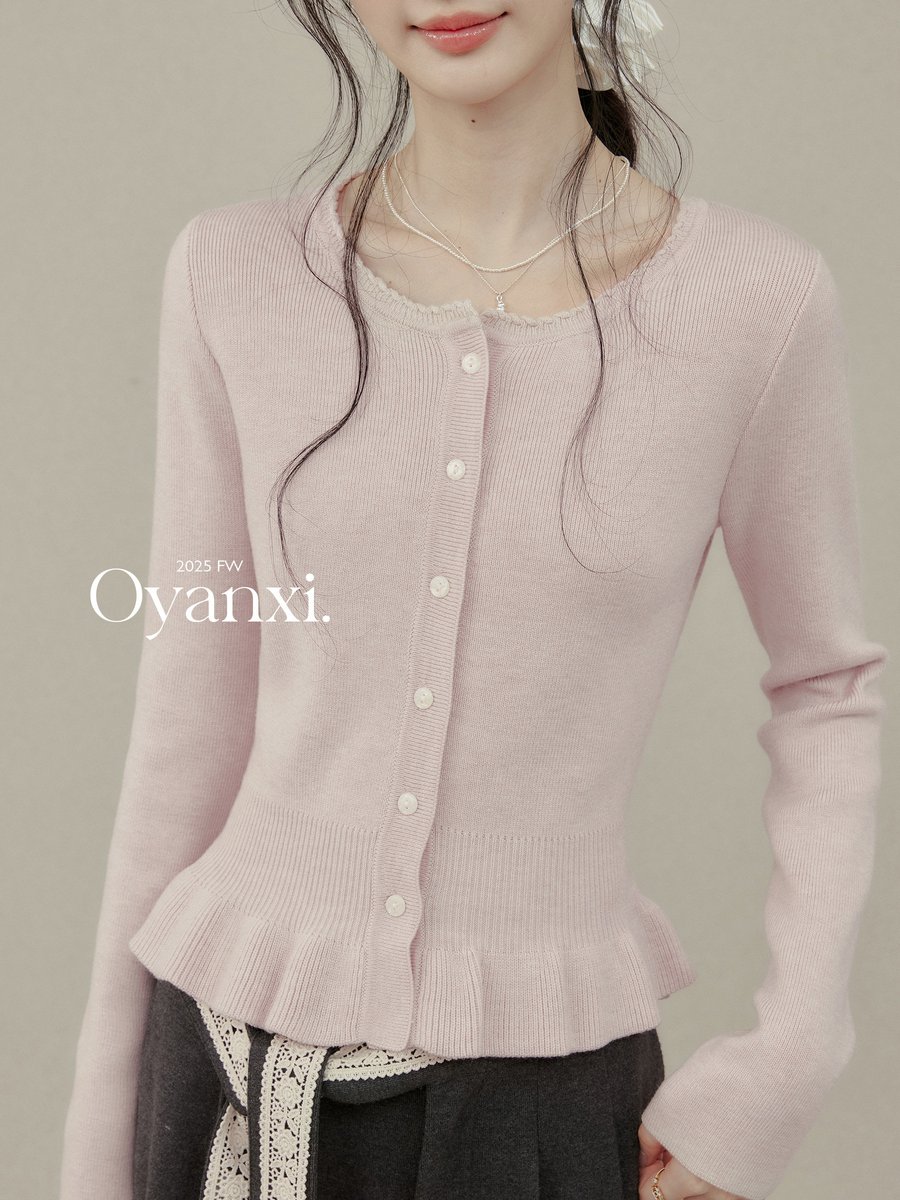 OYANXI フリル ピンク ニットカーディガン