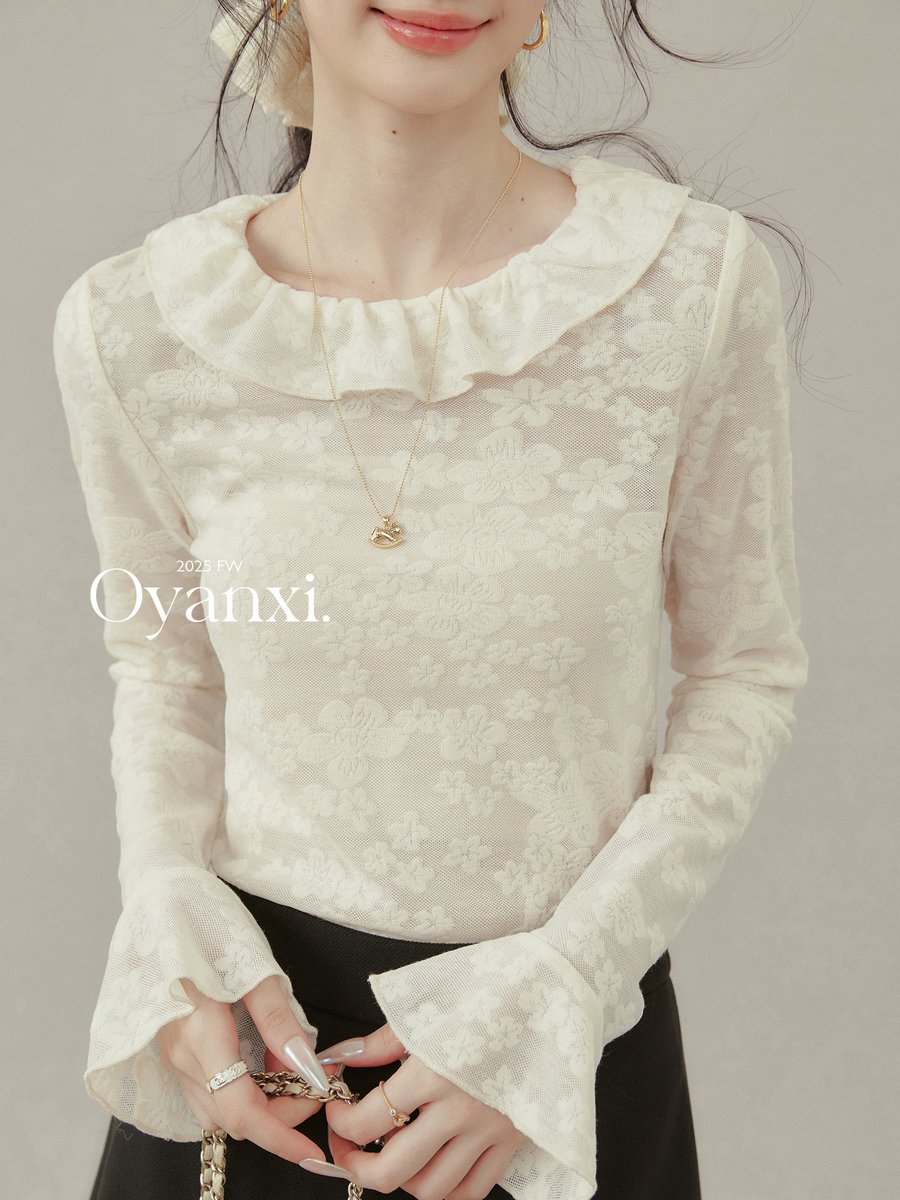 OYANXI フリルカラー 花柄ジャカード 長袖カットソー