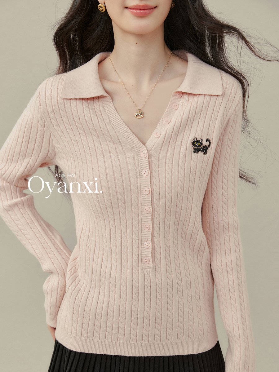 OYANXI 襟付き ケーブル編み ニットトップス