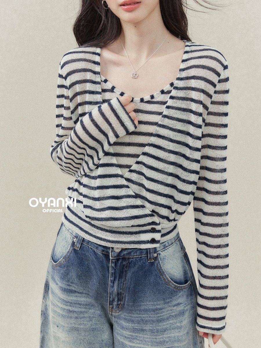 OYANXI ストライプ キャミソール＆Vネック長袖Tシャツ 2点セット