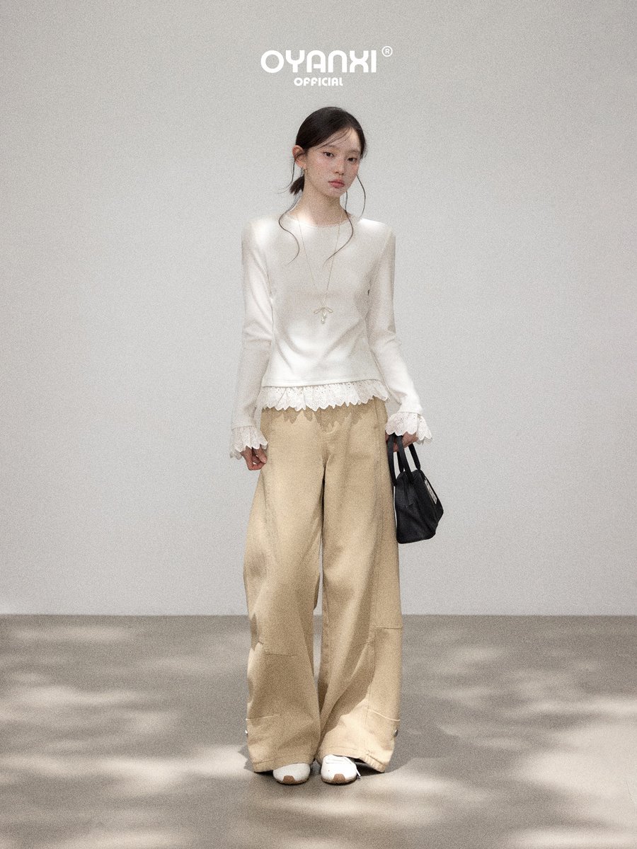 OYANXI レーストリム クルーネック スリム 長袖Tシャツ