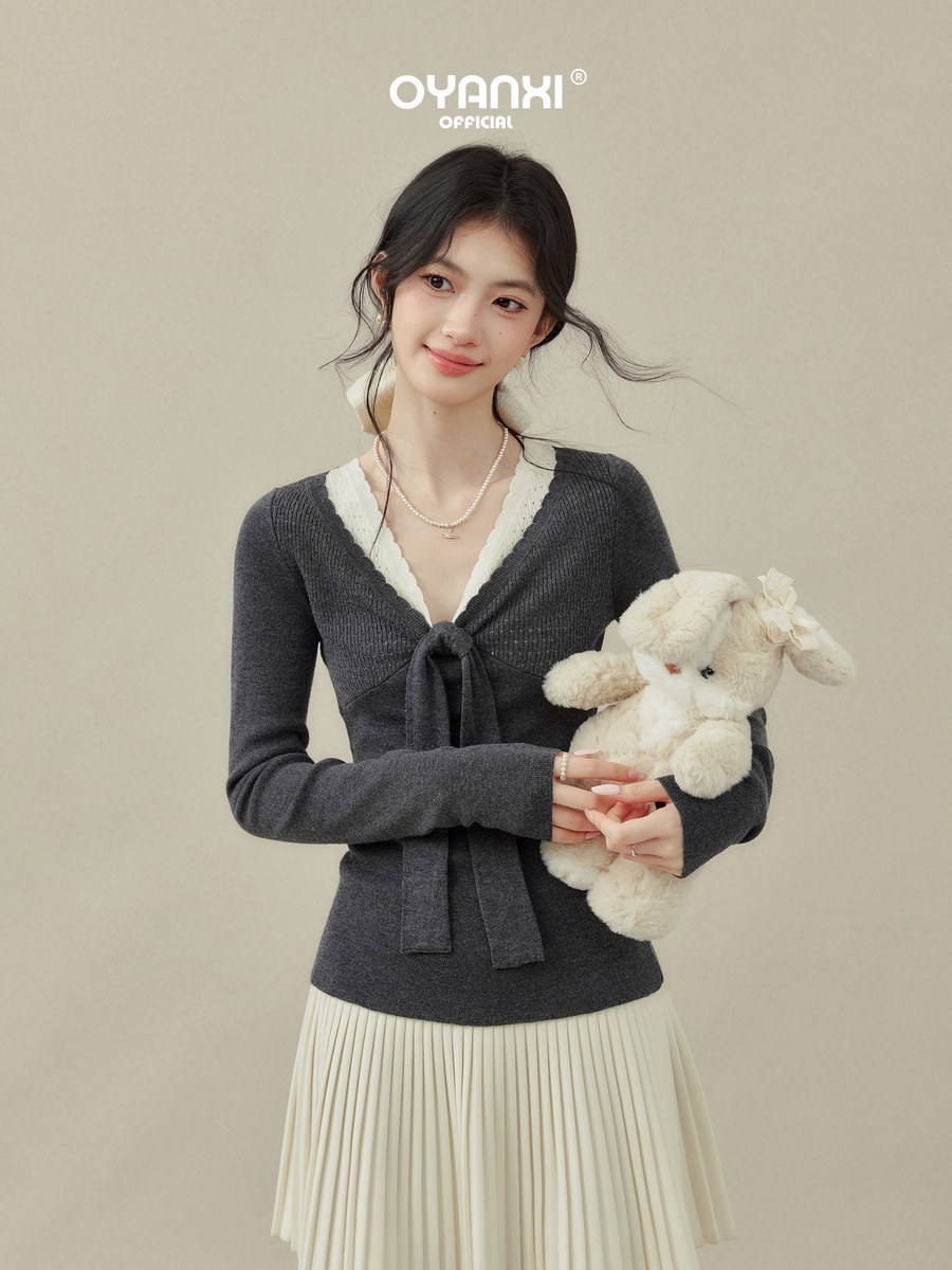 OYANXI リボン フェイクレイヤード Vネック ニットトップス