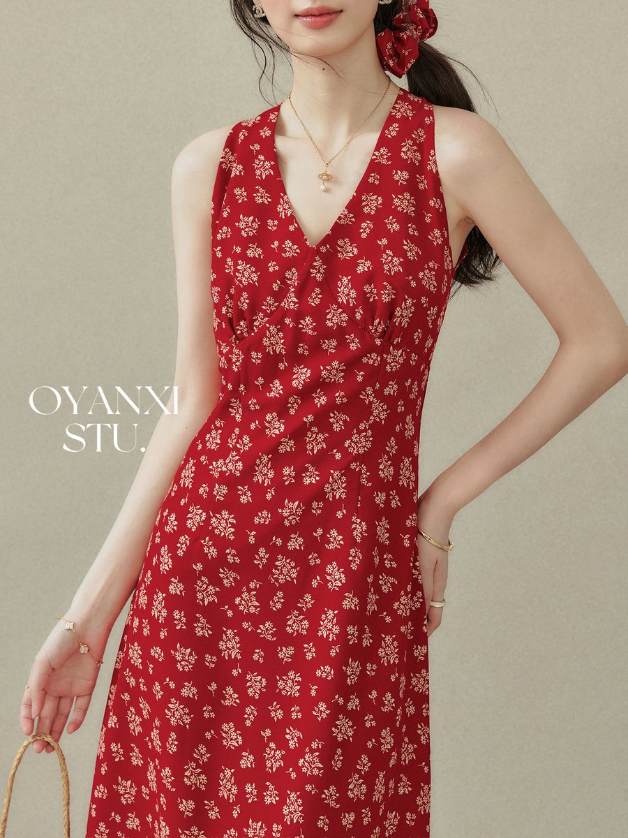 OYANXI 花柄 ホルターネック バックオープンワンピース