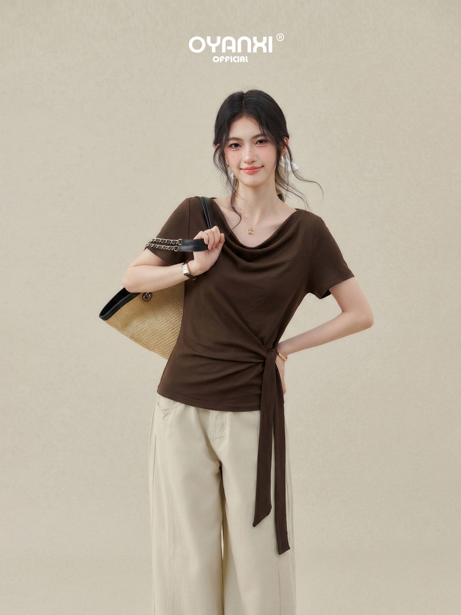 OYANXI ドレープネック フロントリボン 半袖Tシャツ