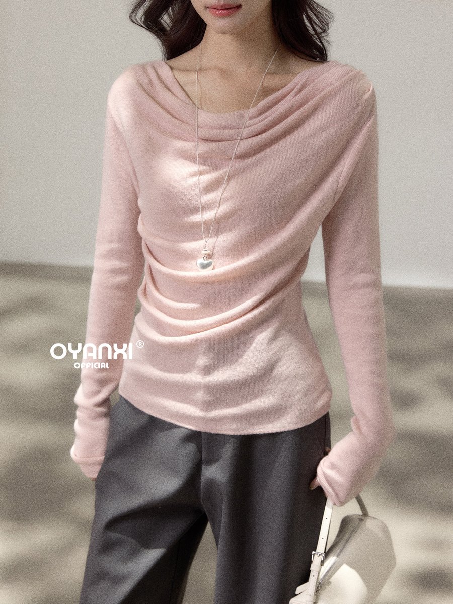 OYANXI ドレープネック ギャザー 長袖ニットトップス