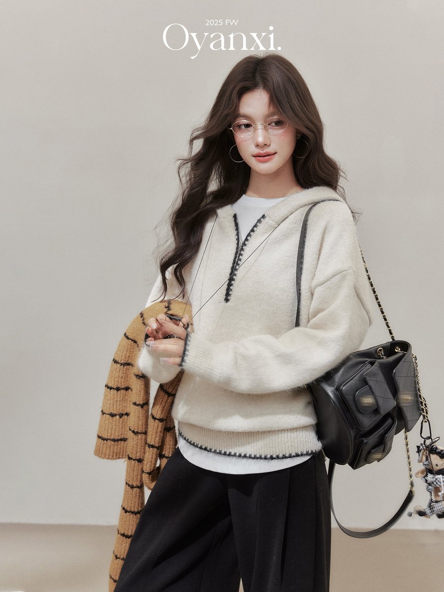 OYANXI 配色 フード付き プルオーバーニット