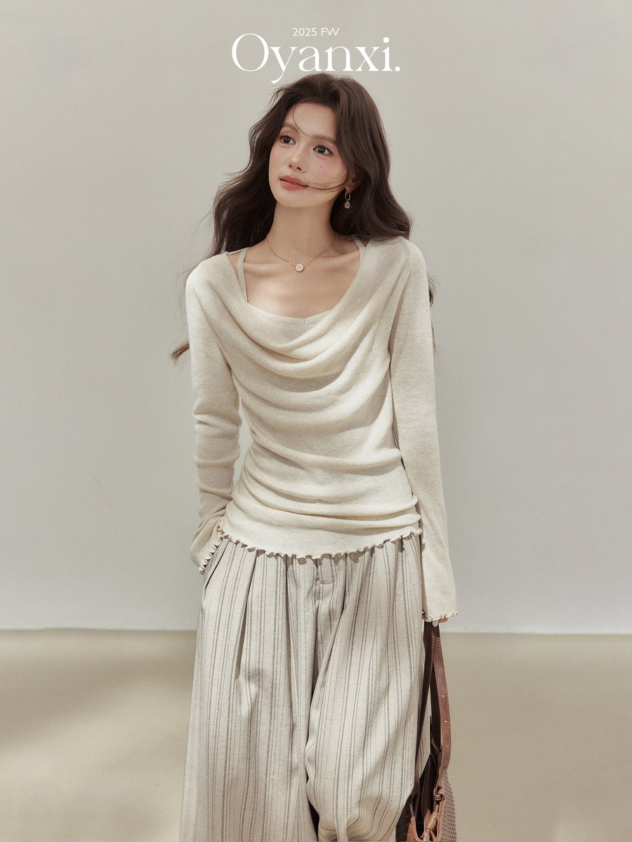 OYANXI フェイクレイヤード ドレープネック ニット