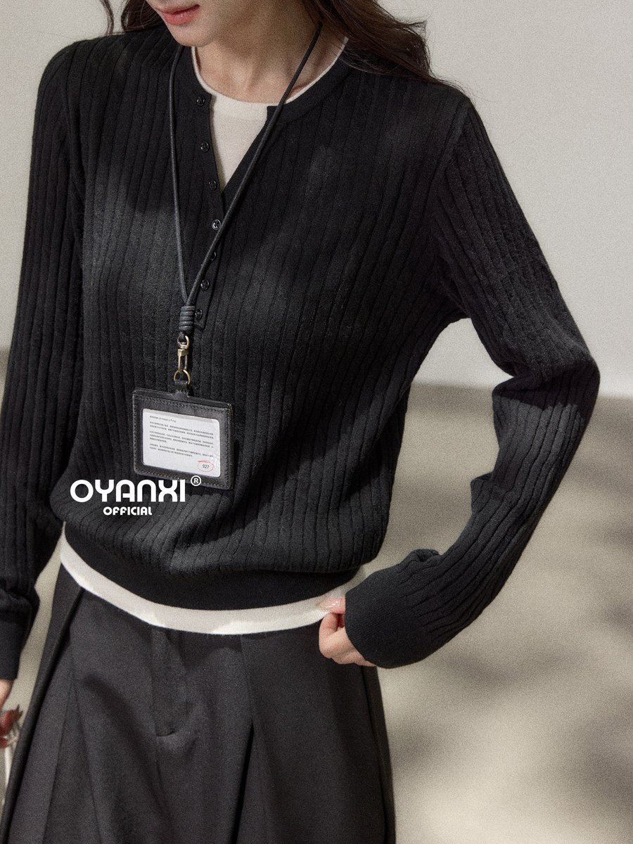 OYANXI バイカラー Vネック フェイクレイヤード スリムセーター