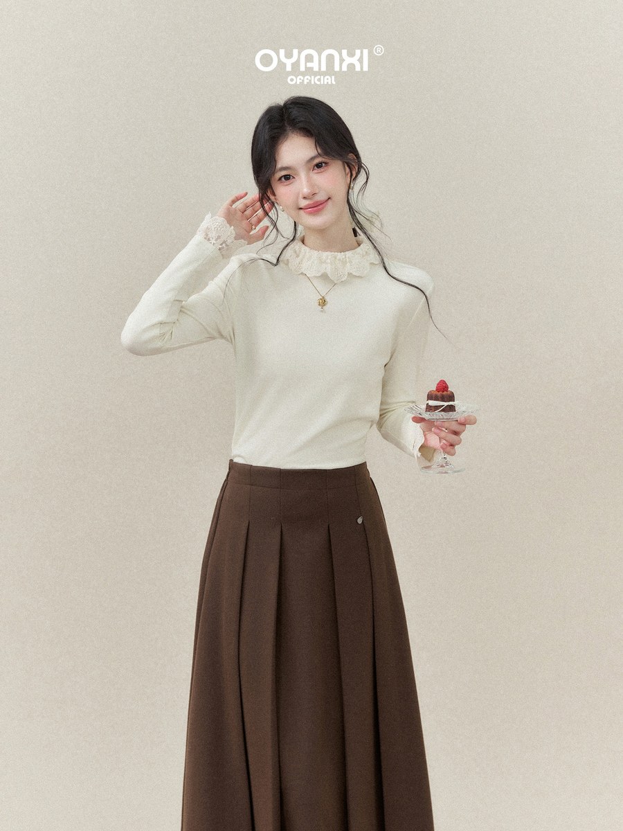 OYANXI レーストリムネック スリム 長袖Tシャツ