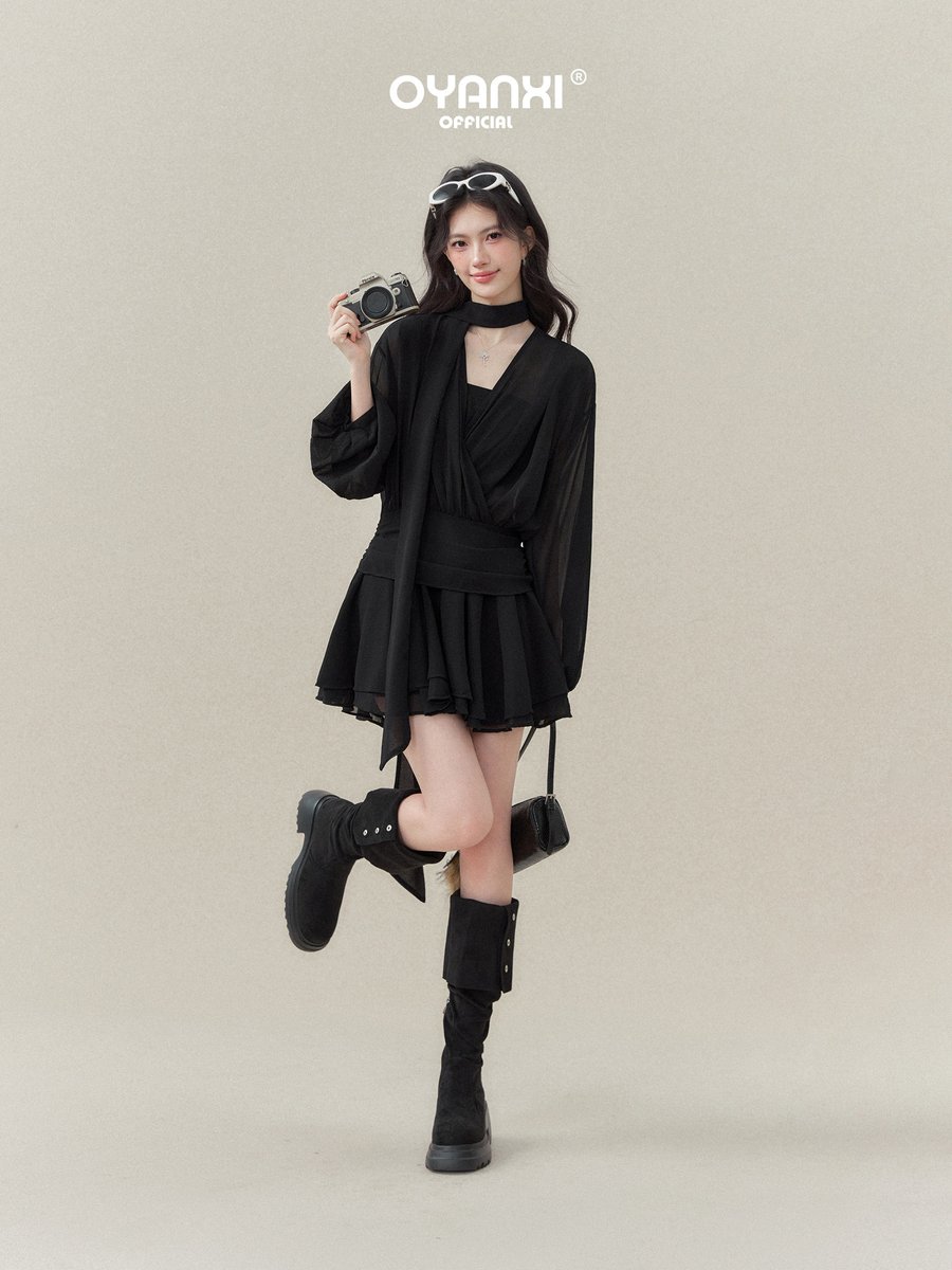 OYANXI Vネック 長袖ロングワンピース ニットチューブトップ付き