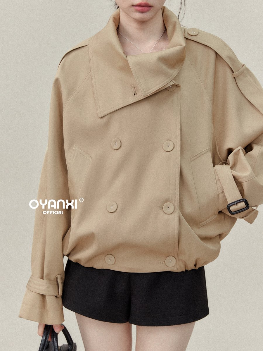 OYANXI ダブルボタン 襟付き ショートトレンチジャケット