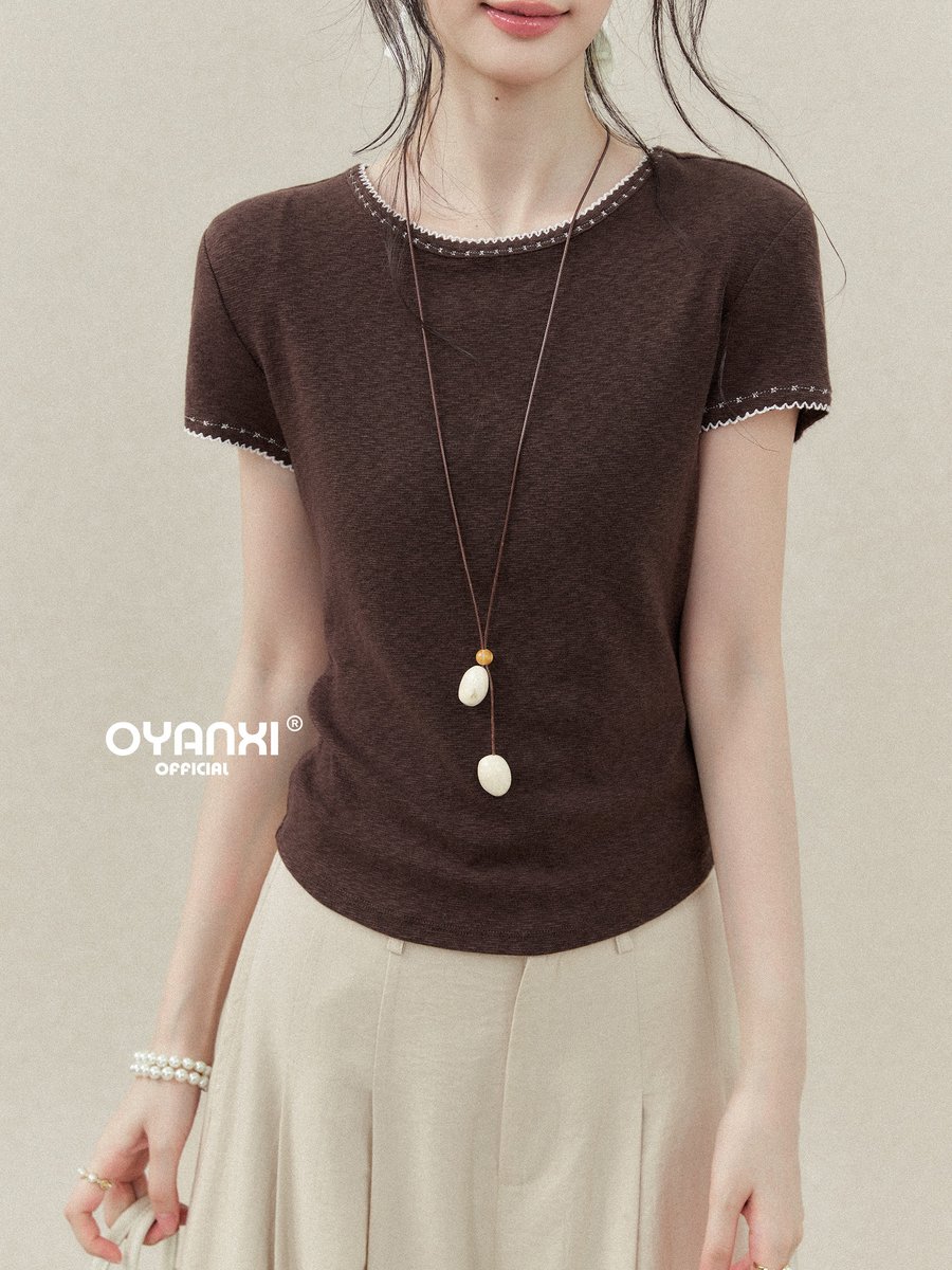 OYANXI 刺繍レーストリム クルーネック 半袖Tシャツ