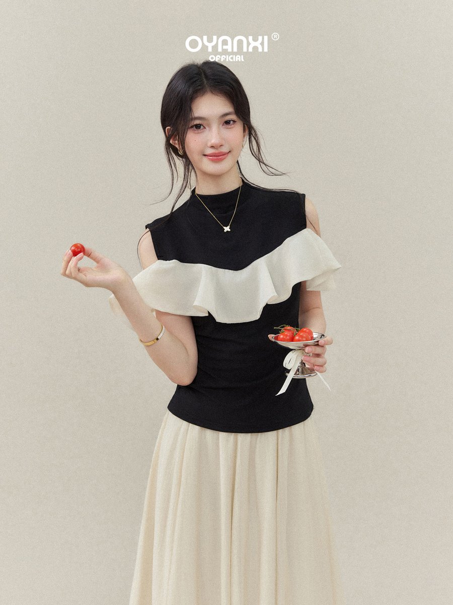 OYANXI バイカラー ハイネック ウエストシェイプ 半袖Tシャツ