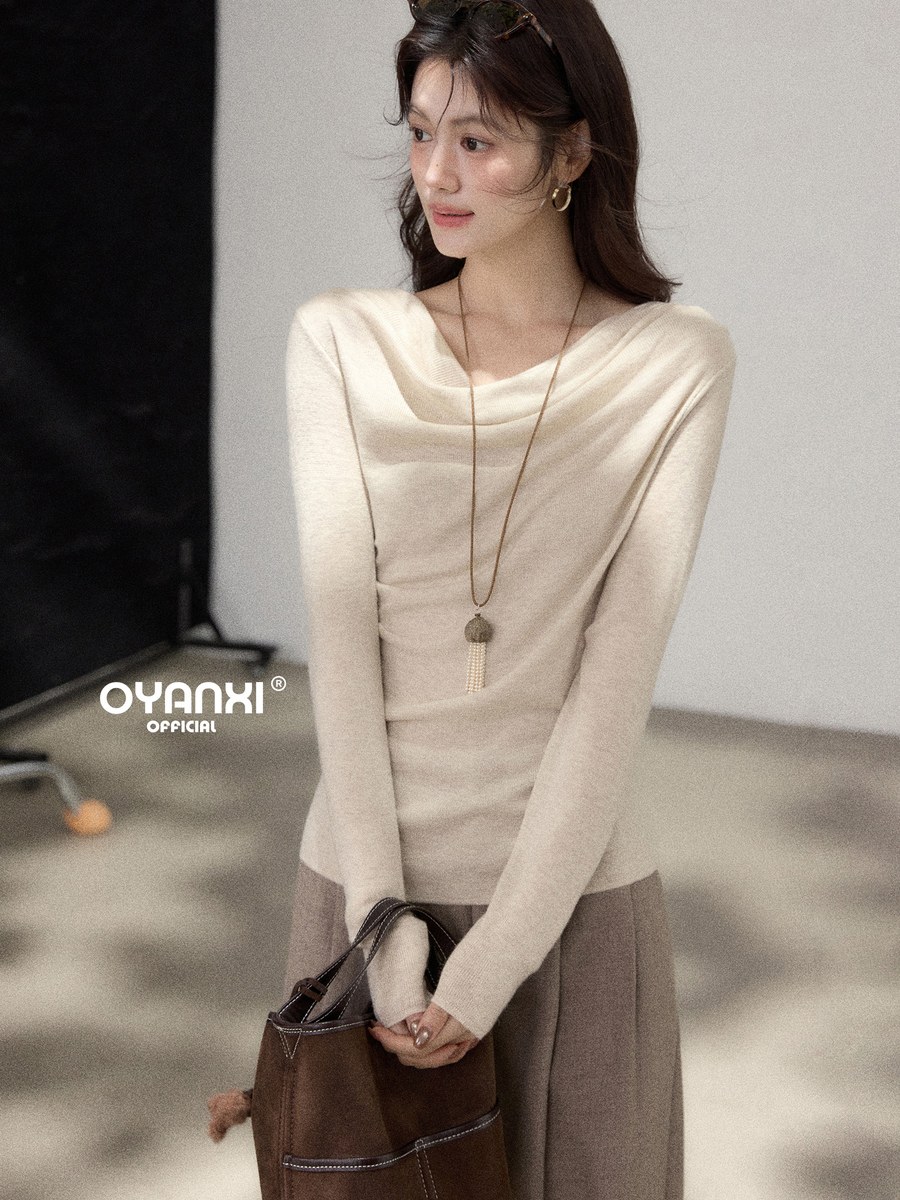 OYANXI ドレープネック 長袖ニットトップス