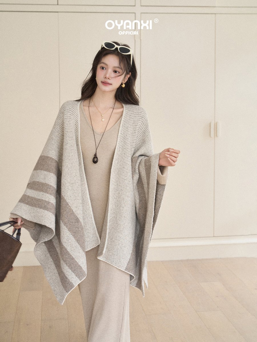 OYANXI Vネック スリムワンピース ストライプショール付き 2点セット