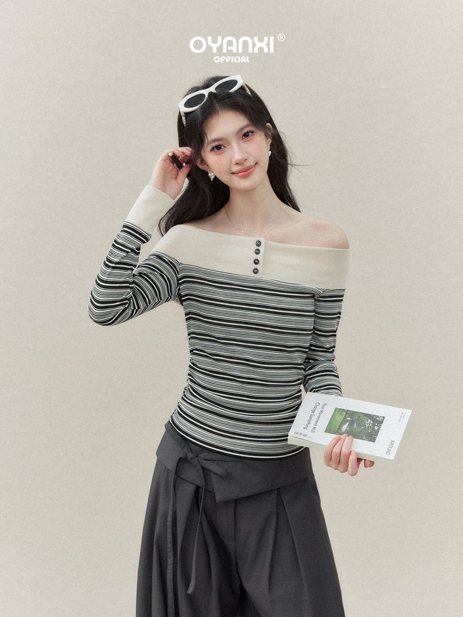 OYANXI 配色ネック ボーダー オフショルダー 長袖Tシャツ