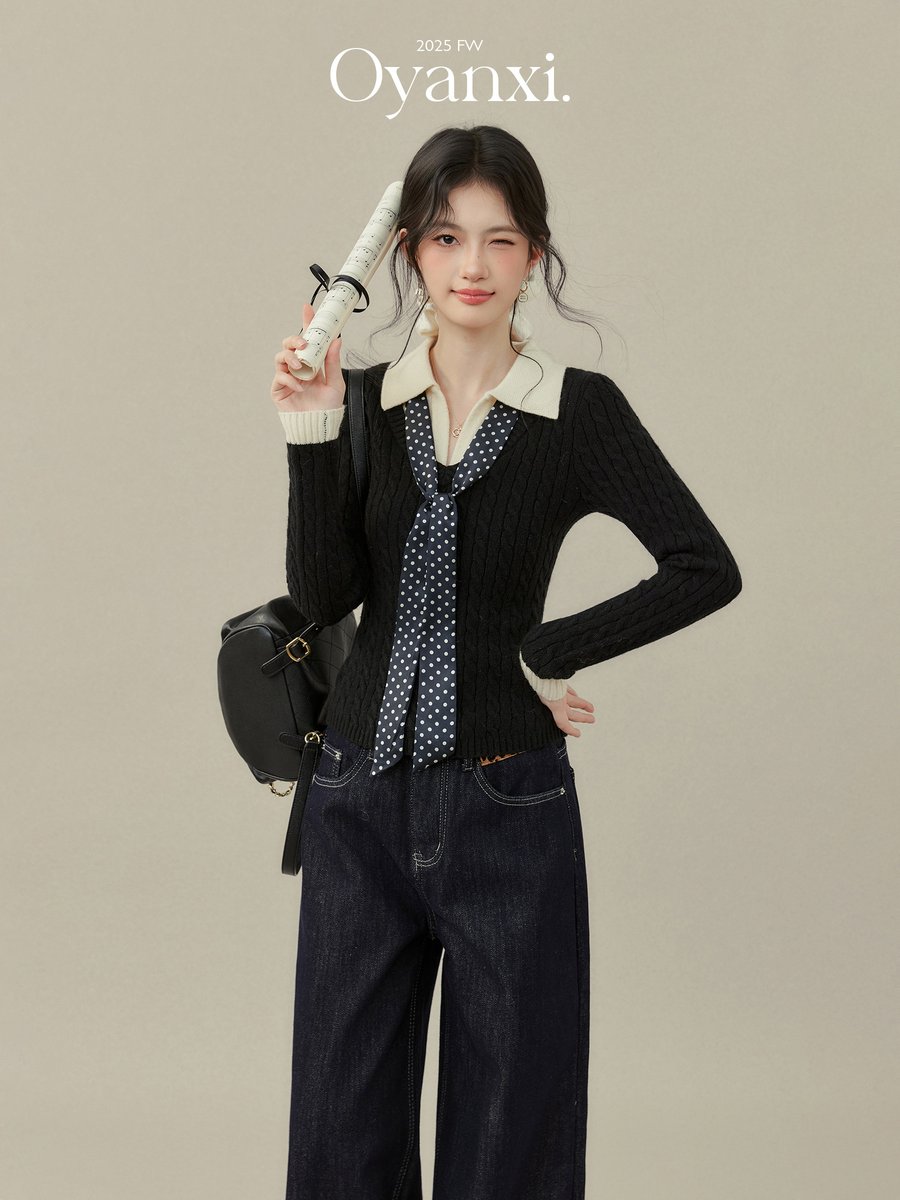 OYANXI ポロカラー フェイクレイヤード 長袖ニットトップス