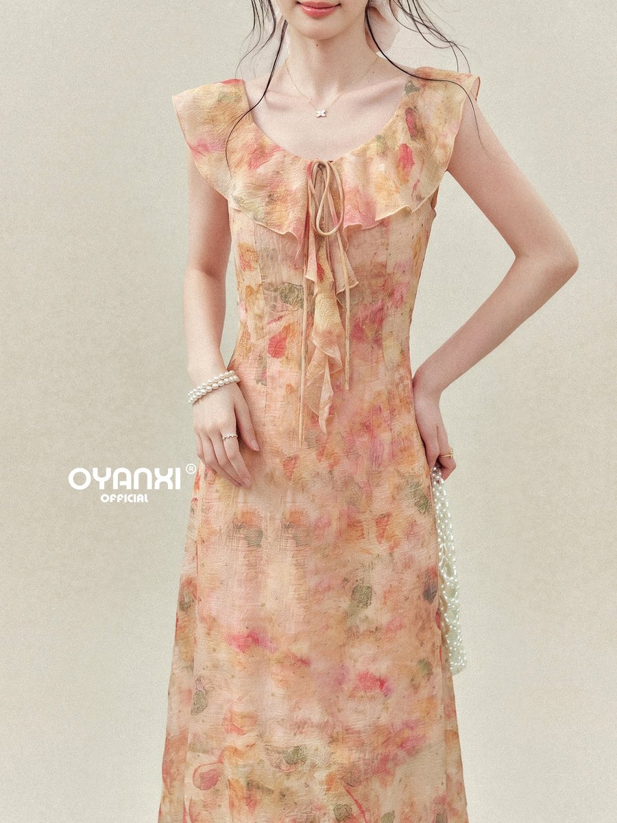 OYANXI フレンチ 花柄 フリルスリーブ ロングワンピース