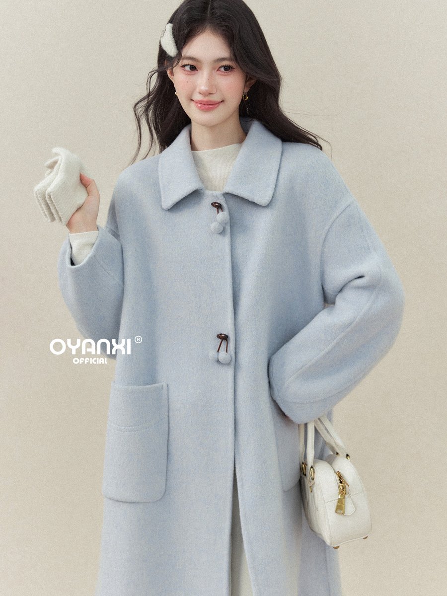 OYANXI ポンポンボタン 襟付き ロングコート ペールブルー