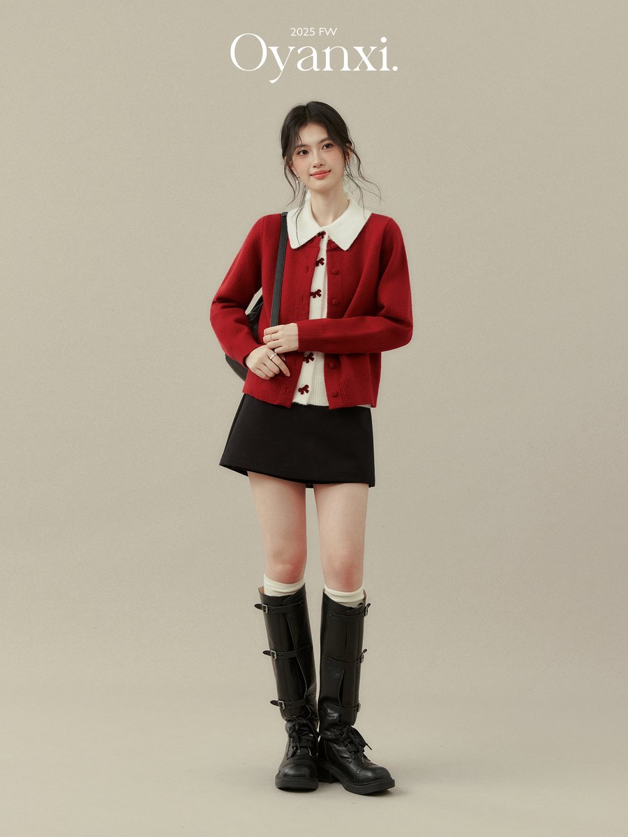 OYANXI リボン付き 襟付き フェイクレイヤード ニットカーディガン