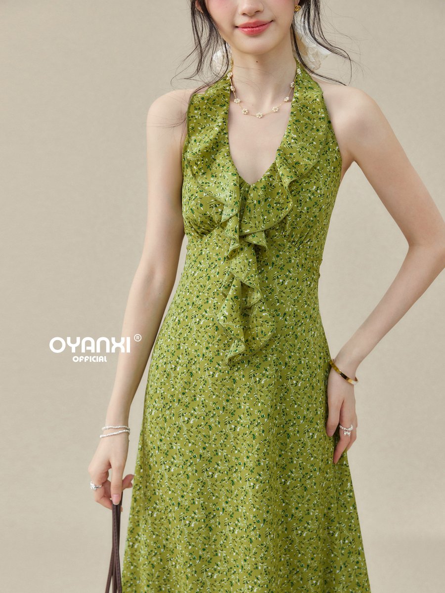 OYANXI 小花柄 ホルターネック Vネック ロングワンピース