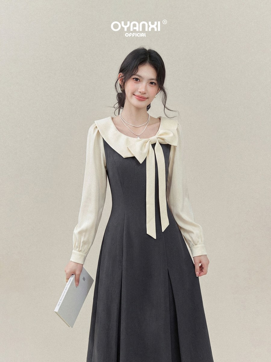 OYANXI 配色ビッグカラー フェイクレイヤード ロングワンピース