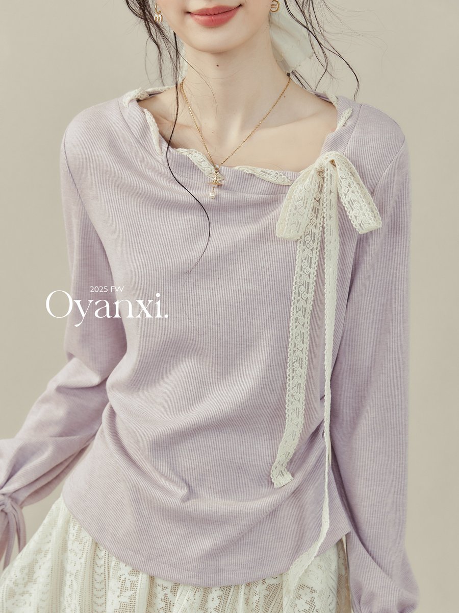 OYANXI リボン フレアスリーブ 長袖Tシャツ パープル