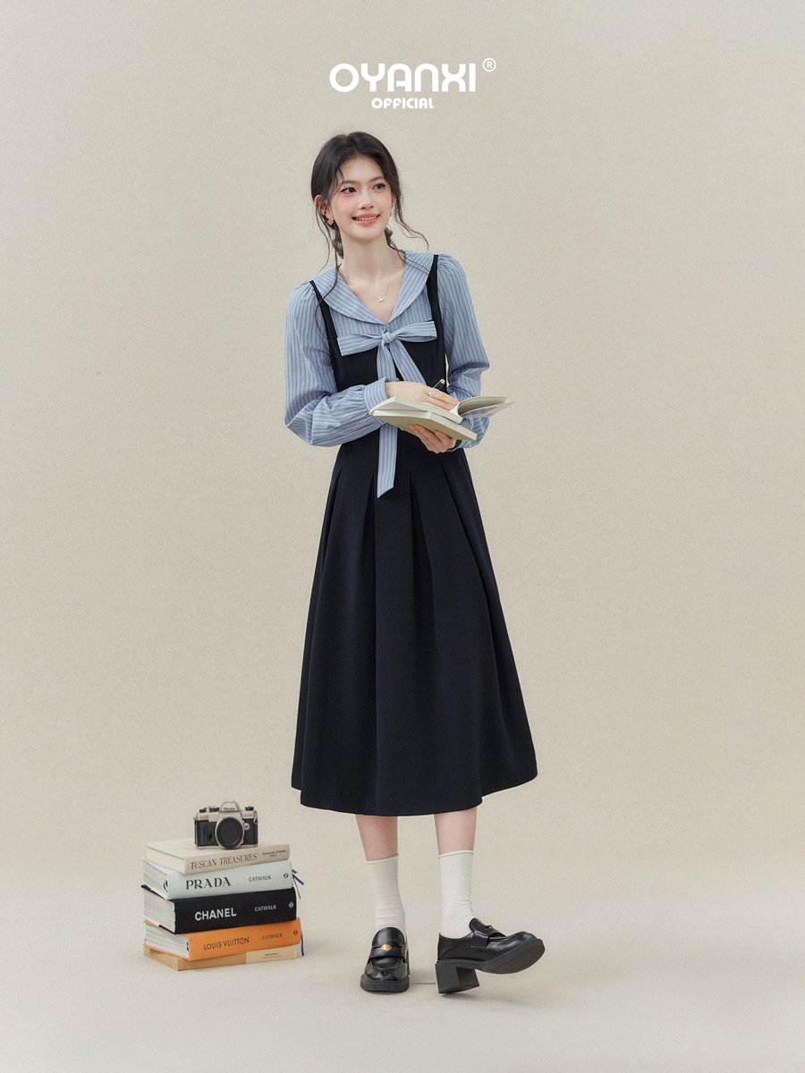OYANXI フェイクレイヤード シャツ風 ロングワンピース