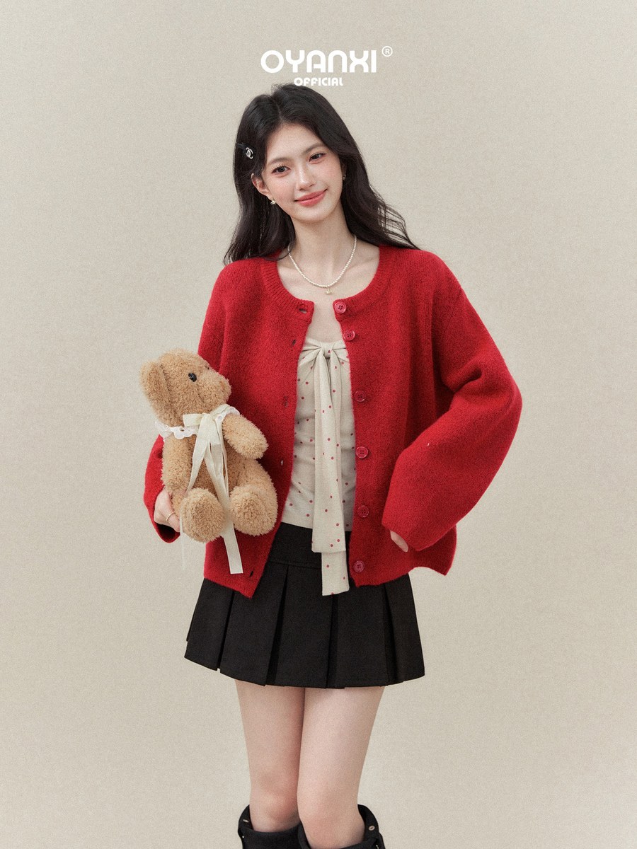 OYANXI 長袖ニットカーディガン チェリーレッド