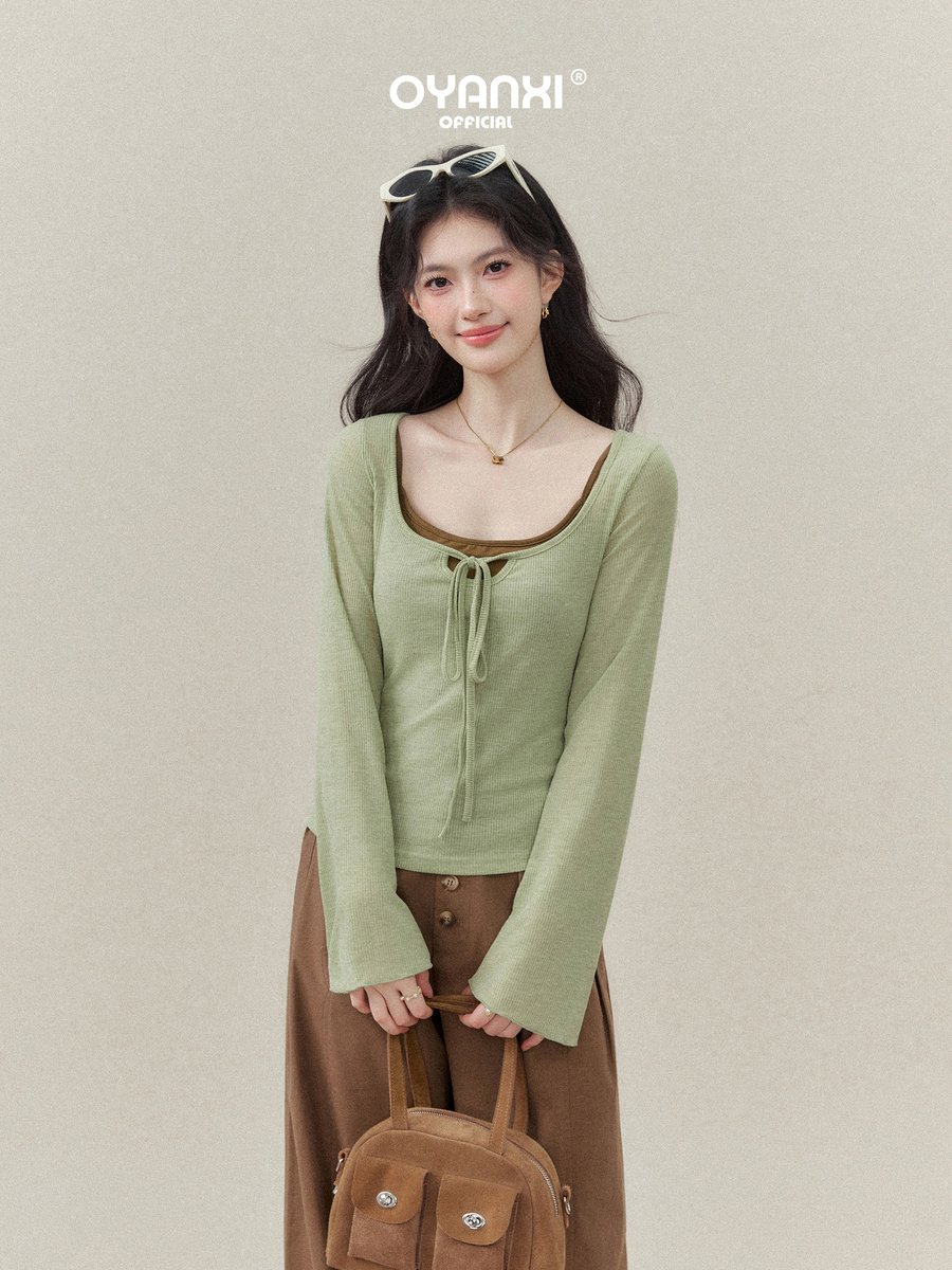 OYANXI 配色 キャミソール＆Uネック リボンTシャツ 2点セット