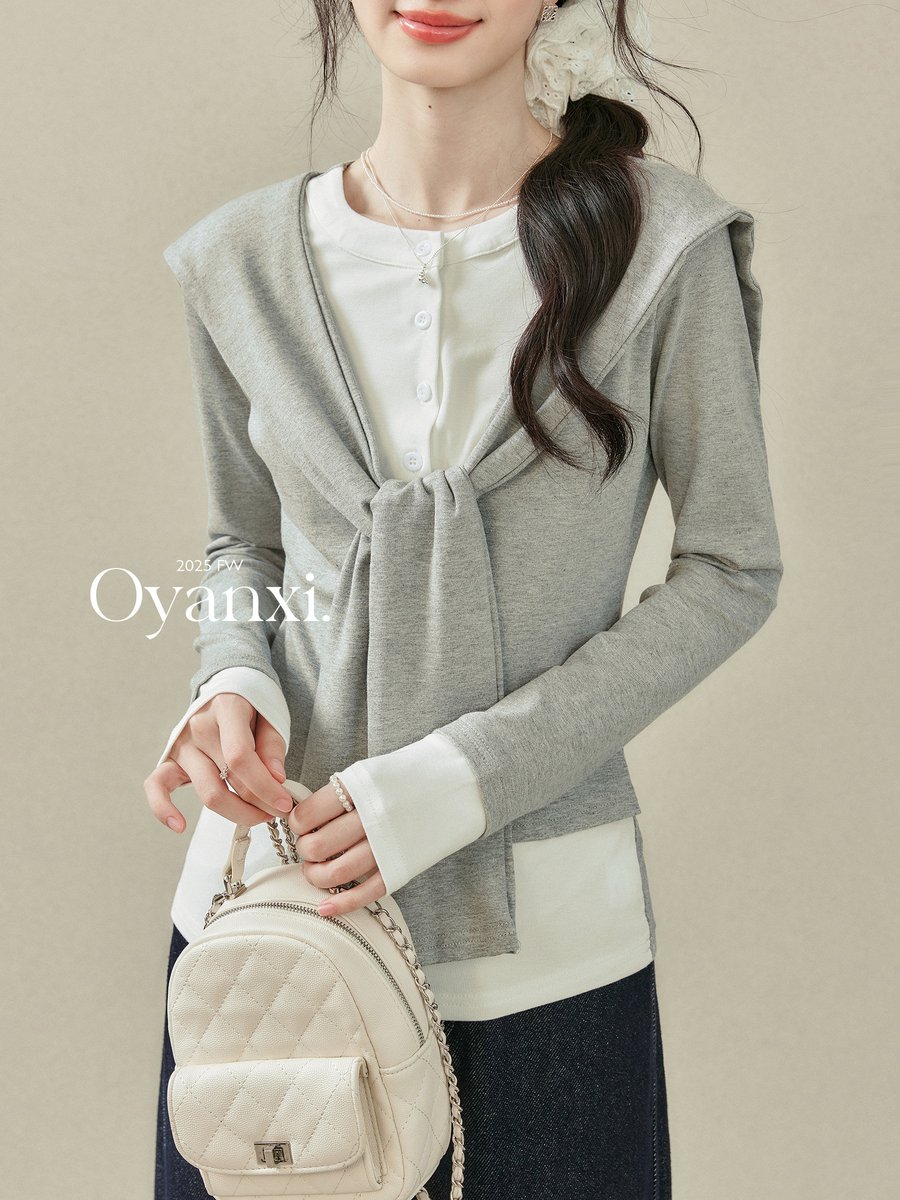 OYANXI ショール付き フェイクレイヤード 長袖Tシャツ