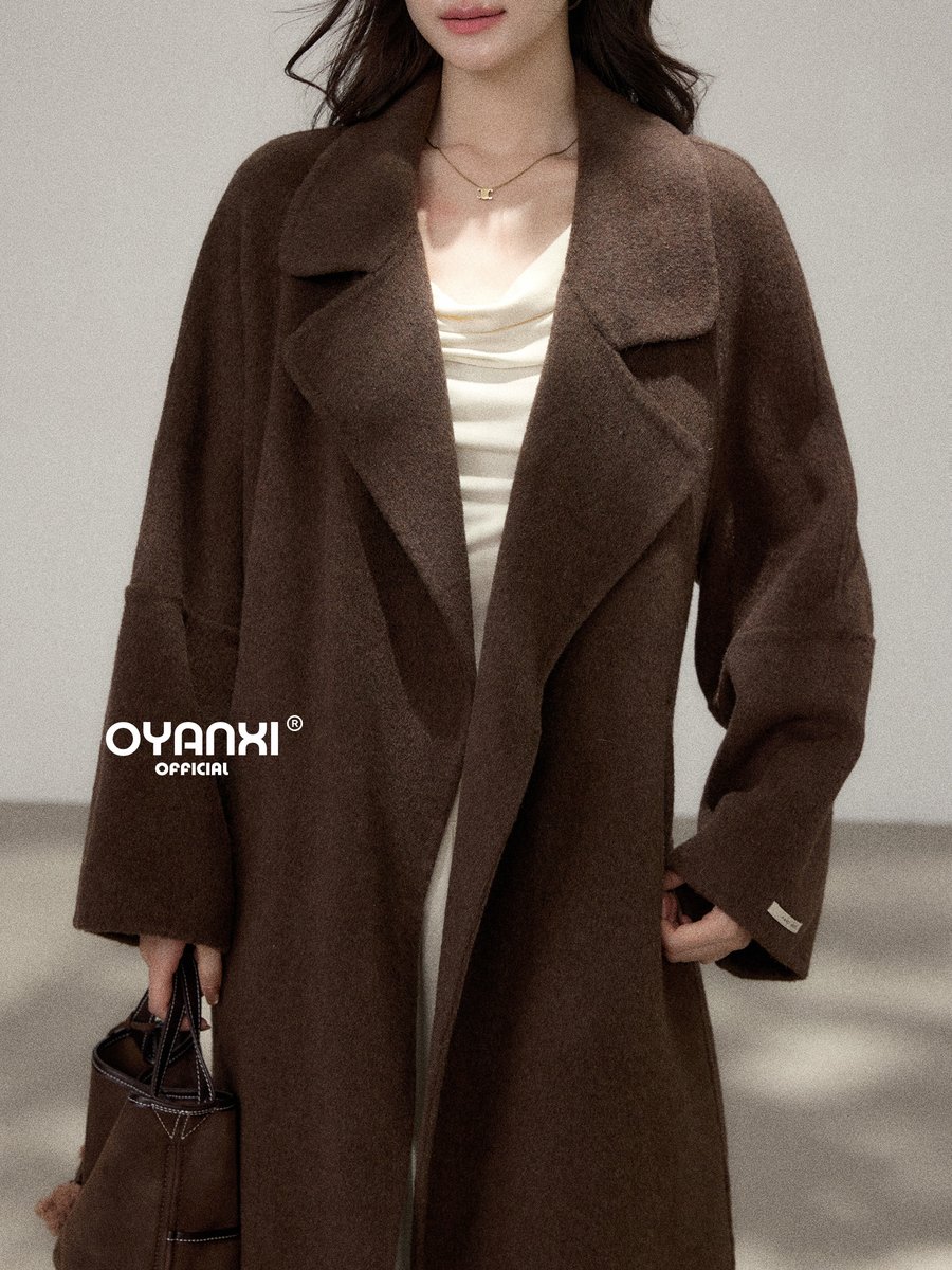 OYANXI ハンドメイドダブルフェイス 折り襟 ウエストリボン ロングコート
