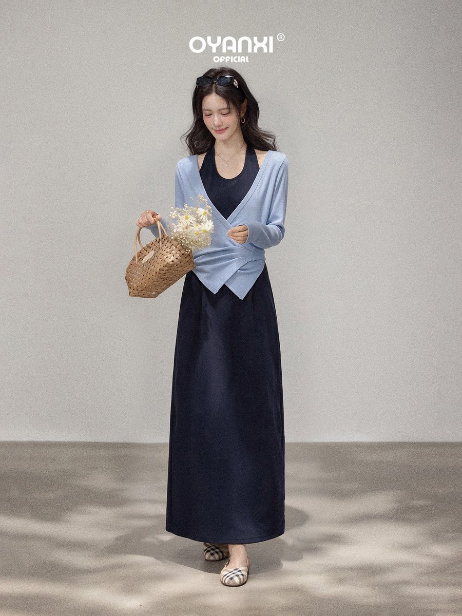 OYANXI バイカラー ホルター フェイクレイヤード カーディガンワンピース