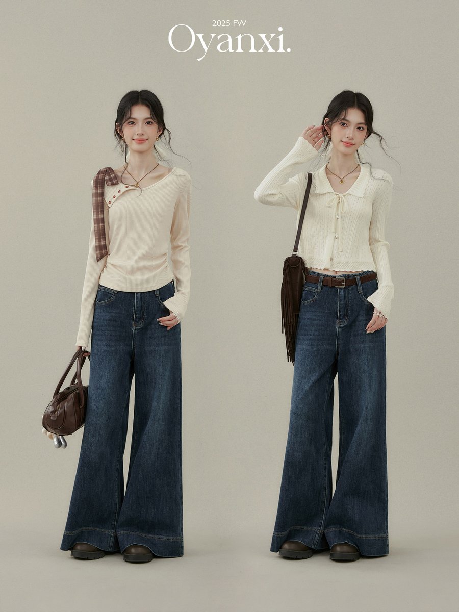 OYANXI ハイウエスト フレア ワイドデニムパンツ